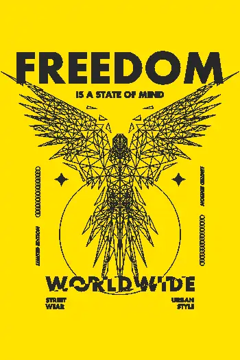 Diseño vectorial de águila wireframe con texto 'Freedom is a state of mind Worldwide', estilo streetwear