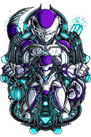 Vector de Freezer en armadura cibernética, neón cian y morado, cola metálica, fondo negro con salpicaduras