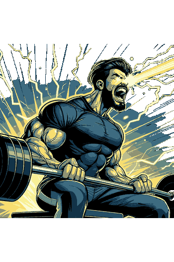 Athletes & Energy Arte vectorial de un fisicoculturista posando en un gimnasio con luces neón cian y naranja que resaltan la musculatura.
