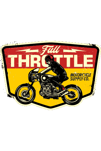 Logo estilo parche con rider inclinado, rayos, fondo rojo-amarillo