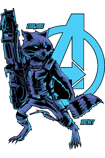 Shredder Krang Diseño gráfico vectorial de Rocket con un gran cañón futurista y el logo azul de los Avengers de fondo.