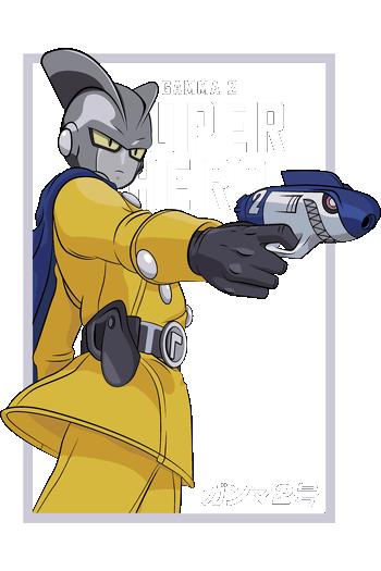 Kurohige Legends Diseño vectorial de Gamma 2 de Dragon Ball Super Hero en pose de disparo con capa azul.