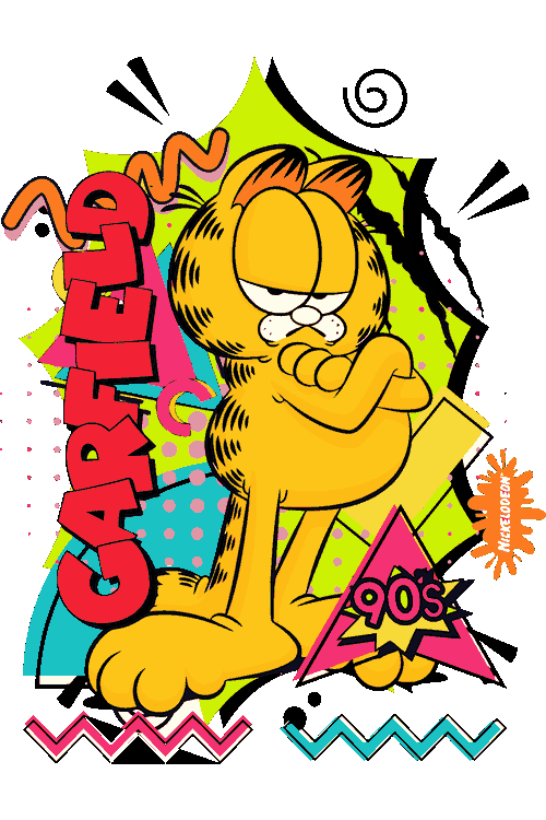 Streetwear Garfield 90s Gorila DJ Gamer Ilustración vectorial de Garfield con ceño fruncido y fondo retro geométrico de los años 90.