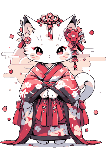Gatito blanco en kimono japonés: Con flores sakura en la cabeza, lazos rojos y pose elegante