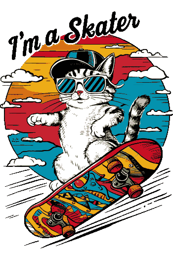 Vector de gato con gafas de sol y gorra, patinando en un skate con fondo atardecer, texto 'I'm a Skater'