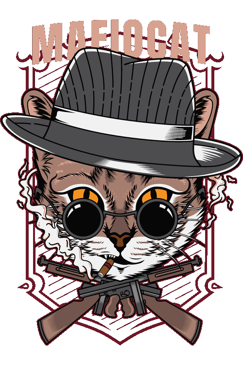 Ilustración vectorial de gato gánster MafioCat con sombrero fedora, puro y metralletas.