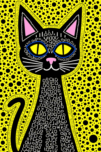 Vector gato negro frontal ojos amarillo verde cuerpo tipografía símbolos fondo amarillo neón