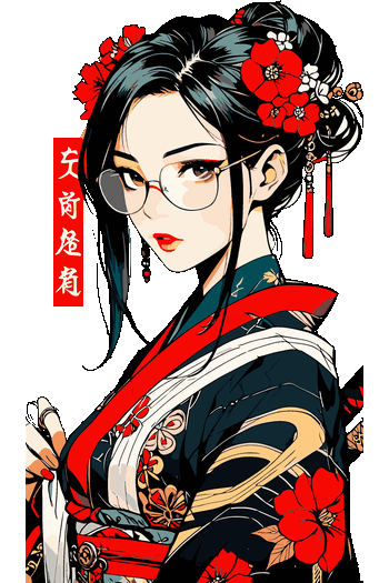Ilustración de chica anime con kimono japonés, flores rojas y gafas para estampado textil.