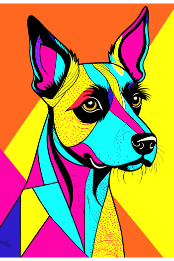 Abstract & Pop Pets Edition Gráfico pop art de perro geométrico en colores neón cian y magenta para impresión DTF