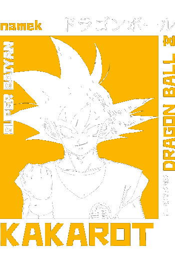 Animevar Diseño vectorial de Goku (Kakarot) de Dragon Ball, fondo amarillo, texto 'SUPER SAIYAN' y 'DRAGON BALL'