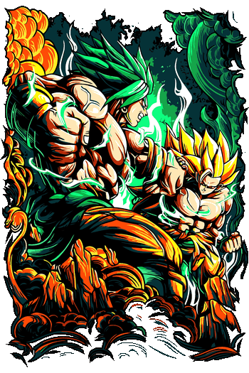 Diseño vectorial de Broly vs Goku, aura verde y dorada, fondo explosión de fuego, estilo tattoo art