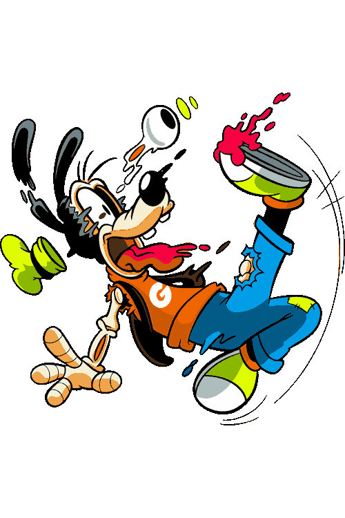 Cartoon Zombie Goofy Genio Oso Mickey Esqueleto Ilustración vectorial de Goofy versión zombie sufriendo una caída con ojo desorbitado y huesos expuestos.