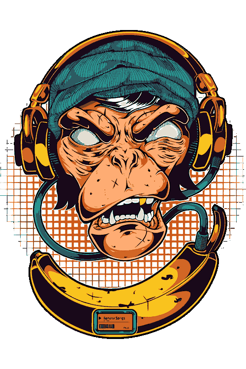 Streetwear Garfield 90s Gorila DJ Gamer Diseño vectorial de gorila furioso con audífonos profesionales y reproductor de banana.