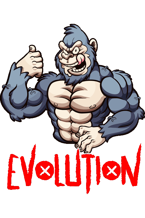 Diseño vectorial de gorila musculoso haciendo pose de fuerza con texto Evolution.