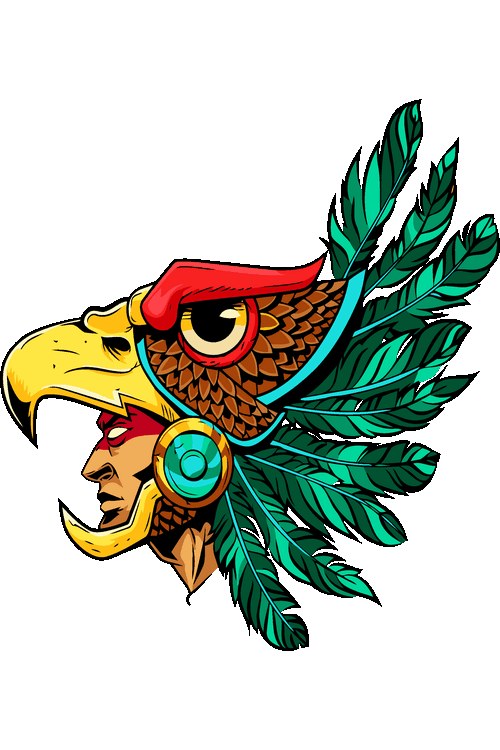 Diseño vectorial de perfil de guerrero águila azteca con yelmo ceremonial y plumas verdes