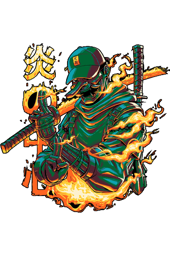 Dark Culture Diseño de guerrero urbano con máscara, gorra y katana rodeado de llamas, estilo street art japonés con caracteres kanji.
