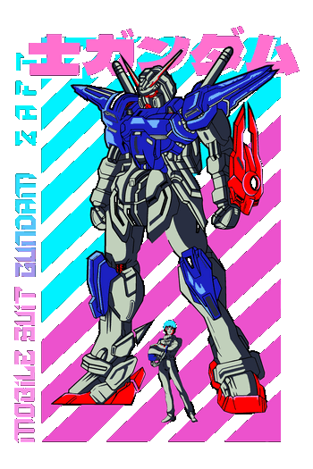 Vector de robot Mecha Gundam con piloto y fondo cyberpunk rosa y celeste para moda urbana.