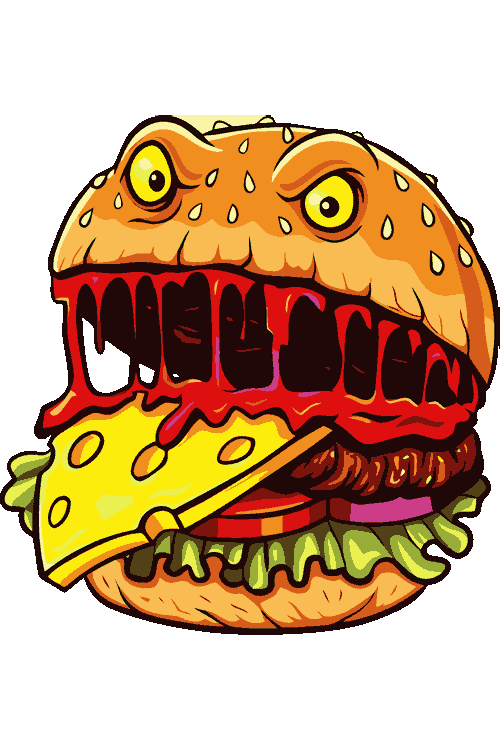 Diseño vectorial de hamburguesa monstruo con ojos, queso y dientes de queso derretido.