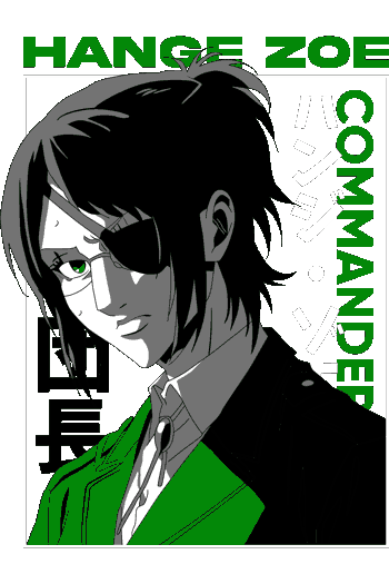 Vector de Hange Zoe con parche en ojo y sonrisa loca, abrigo verde, fondo de rayas verdes