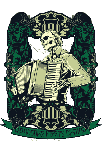 Dads Rudos & Profesionales Esqueleto elegante con peluca clásica tocando acordeón
