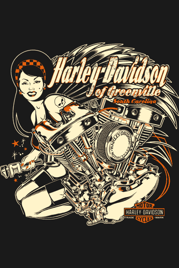 Vector de pin-up estilo retro junto a un motor Harley-Davidson V-Twin, texto 'Harley-Davidson of Greenville South Carolina'
