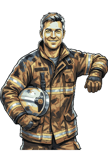 Orgullo Profesional Diseño gráfico de un bombero sonriente con uniforme de protección sosteniendo su casco de bombero.
