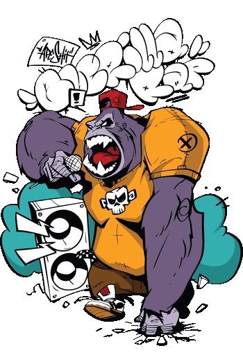 Ilustración urbana de gorila MC rapero con micrófono y grafiti para remeras streetwear.