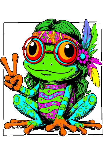 Crazy Animals. Mascotas con Actitud Ilustración vectorial de una rana verde hippie con gafas rojas redondas haciendo el signo de la paz.