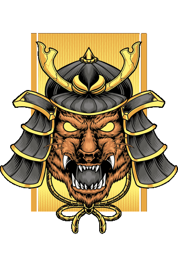 Ilustración vectorial de un hombre lobo furioso usando un casco y armadura de samurai japonés con fondo dorado.