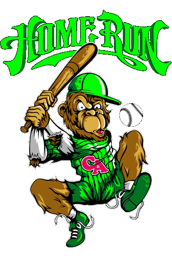 Gráfico vectorial de un chimpancé jugando béisbol con uniforme verde y la frase 'HOME RUN'.