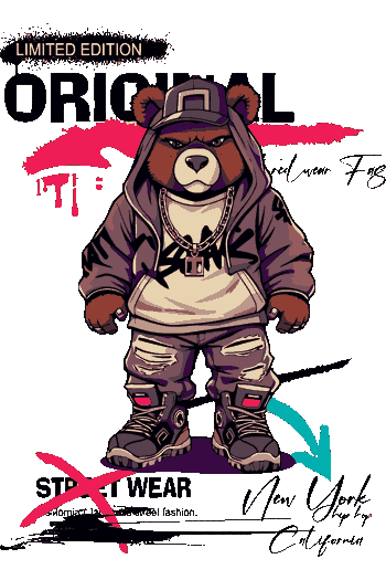 Ilustración vectorial de un oso estilo streetwear con sudadera gris, gorra y cadena de oro