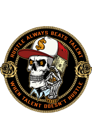Hustle, Samurai & Gambler Ilustración digital de calavera urbana con gorra de dólar sosteniendo fajo de billetes y frase Hustle Always Beats Talent para serigrafía.
