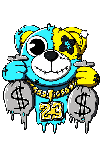Vector de oso azul y amarillo con cadena de oro y mucha plata