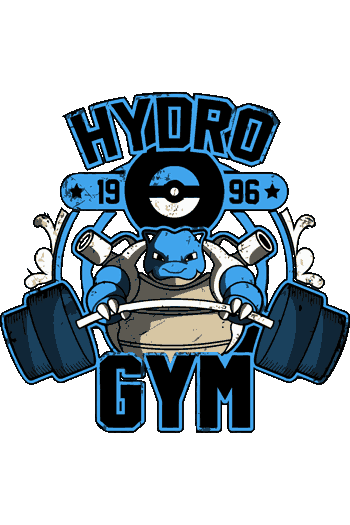 GYM W Vector Blastoise levantando barra diseño deportivo tipografía Hydro Gym 1996 azul
