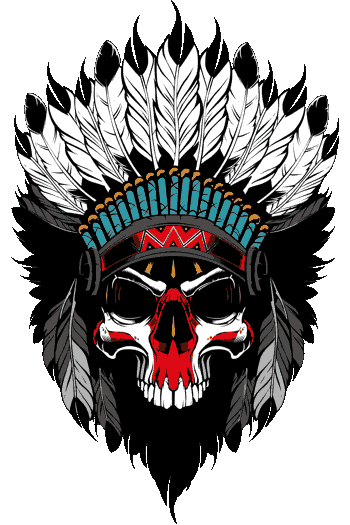 Mask Indian Skull Calavera con casco incaico, plumas coloridas y rosas clásicas