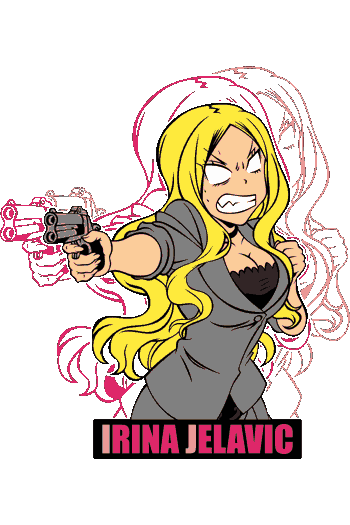 Vector anime Irina Jelavic apuntando pistola cabello rubio líneas acción rosa neón estilo manga