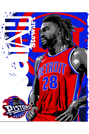 Diseño vectorial del jugador Isaiah Stewart de Detroit Pistons con uniforme rojo y fondo grunge.