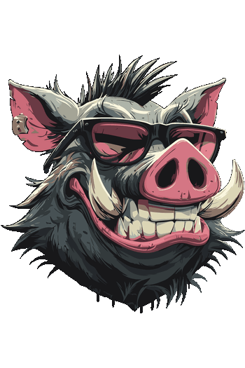 Diseño vectorial del rostro de un jabalí salvaje sonriendo con gafas de sol oscuras.