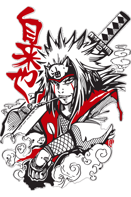 Anime Legends Jiraiya Eren Ichigo Ilustración vectorial estilo manga de Jiraiya de Naruto con katana y caligrafía japonesa.