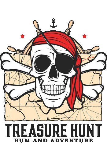 Pirates & Sea Legends Collection Vector de calavera con parche en el ojo y bandana roja sobre un mapa del tesoro antiguo.