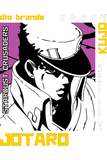 Diseño vectorial de Jotaro Kujo con sombrero, fondo blanco y negro con acentos amarillos, texto 'STARDUST CRUSADERS'