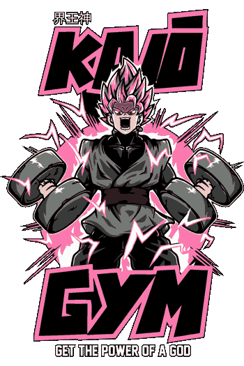 GYM W Vector Goku Black Super Saiyan Rose levantando mancuernas electricidad rosa tipografía Kaio Gym