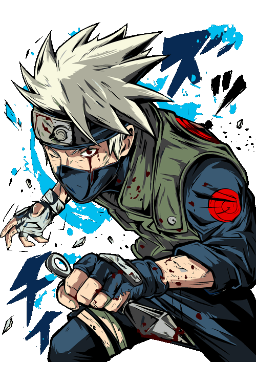 Ilustración vectorial de Kakashi Hatake en posición de combate con kunai y efectos azules.