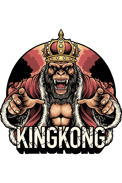 Diseño vectorial de King Kong caracterizado como rey con corona dorada y túnica.