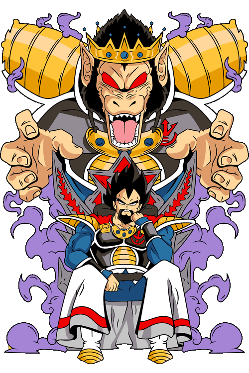 Diseño vectorial del Rey Vegeta en su trono con el Gran Simio dorado al fondo y tonos púrpuras