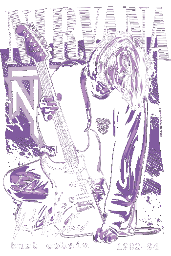 Vector Kurt Cobain guitarra eléctrica Stratocaster ilustración morada tipografía Nirvana desgastada