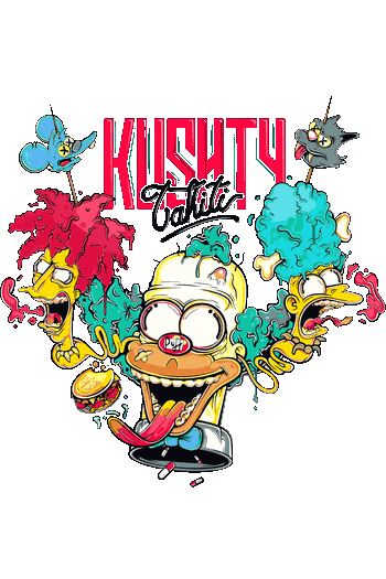 Diseño gráfico vectorial psicodélico con personajes de caricatura amarillos deformados, humo y píldoras estilo bootleg urbano.