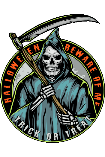 Ilustración vectorial de la Santa Muerte con guadaña y emblema circular para Halloween.