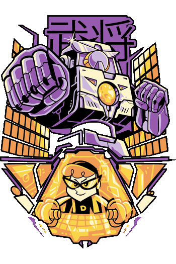Gráfico estilo cómic de Dexter controlando su robot gigante morado en su laboratorio para impresión textil.