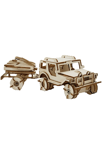 Maqueta 3D armada en triplay de un vehículo Jeep todoterreno con remolque mediante corte láser.
